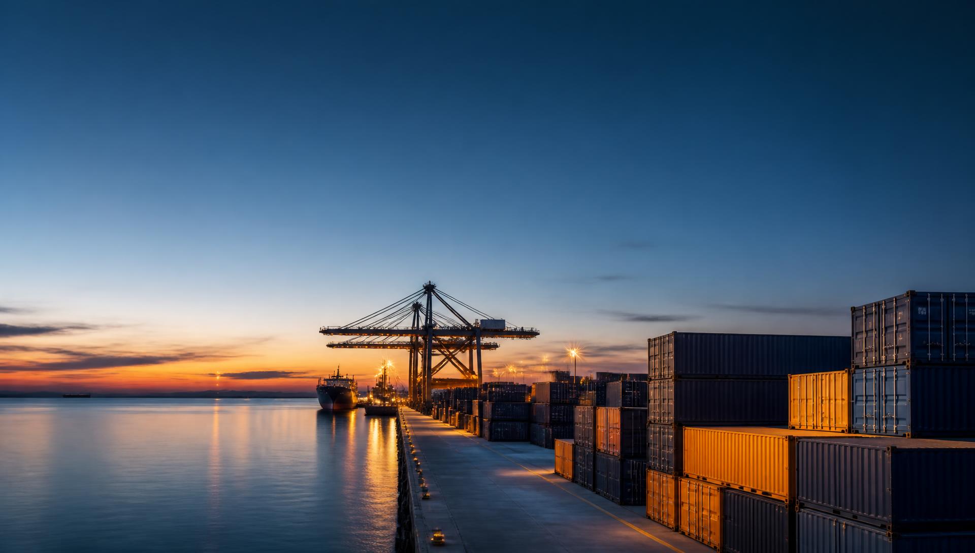 Container terminal at dusk representing international trade between Europe and Asia